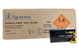 Igman 9x19mm LUGER 125gr FMJ ammo case of 1,000 with 20 50 round boxes
